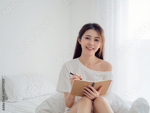 Young woman spending free time, sitting on bed in home clothes, writing down ideas and plans in her diary, willing to realize goals and dreams