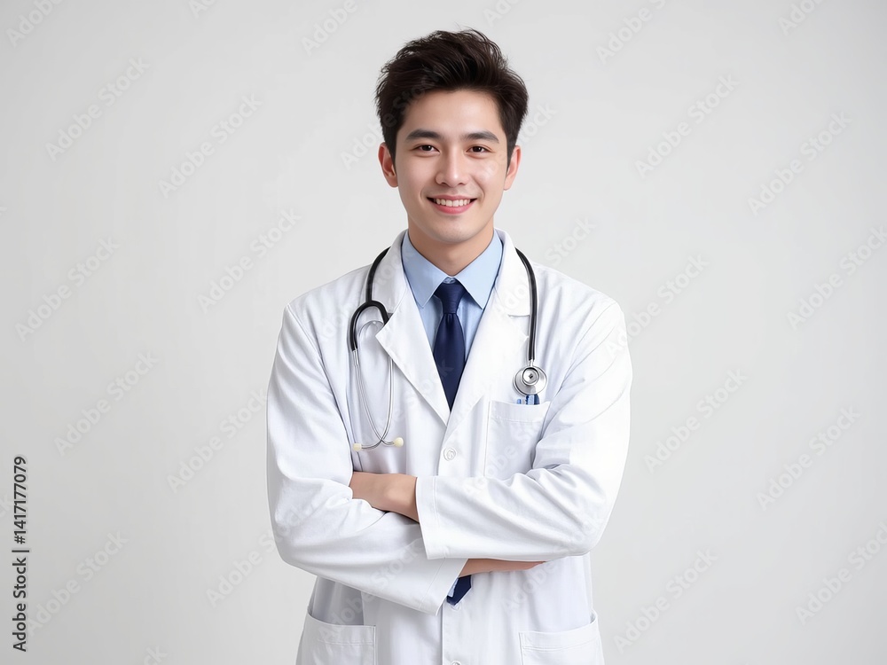 Young doctor dressed in white coat with stethoscope round his neck, holding arms crossed, smiling happily Young doctor dressed in white coat with stethoscope round his neck, holding arms crossed, smiling happily