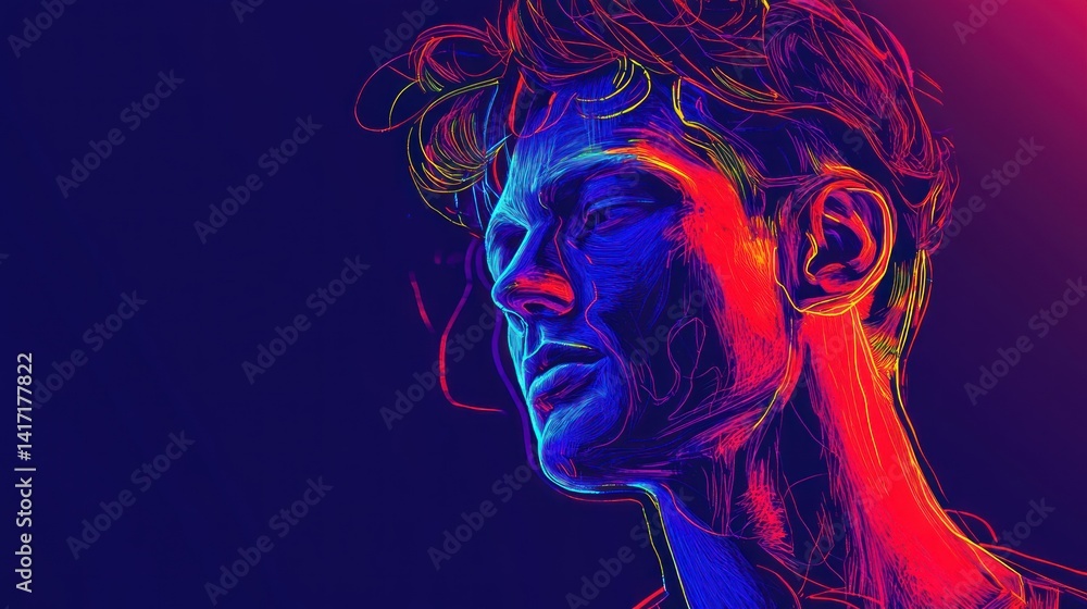 Fototapeta premium Abstract portrait of a young man in vibrant neon colors, showcasing his profile and textured hair.