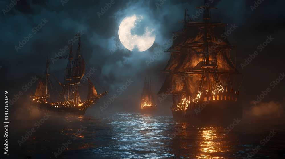 Obraz premium Ships Under a Mysterious Moon: A fleet of antique ships sails serenely under the eerie glow of a full moon at night. The water reflecting the moon's mysterious radiance.
