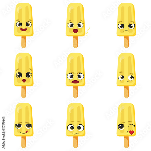 Nine yellow popsicle characters with different expressions Happy, surprised, sad, worried, angry, silly, neutral, and flirty ice cream emoticons