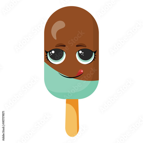 Flirty mint chocolate ice cream with glossy eyes and a playful smile