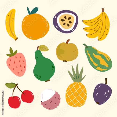 Collection of cartoon flat fruits illustration. Organic bright tropical summer food. Banana, pineapple, orange, papaya, passion fruit, strawberry, lychee, lemon, plum, cherry, pear