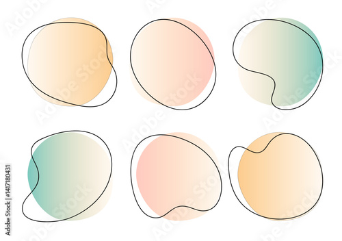 Color liquid blob shapes, pastel gradient vector organic random forms with lines, abstract fluid silhouette, simple smooth ink stain. Highlight for branding, social media, packaging, web design
