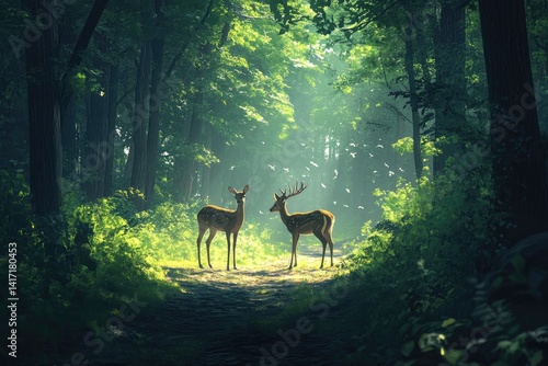 Two deer in a sunlit forest path. Lush green trees, sunlight filtering through canopy. Peaceful, tranquil scene