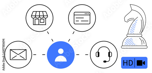 Person icon linked to store, email, web page, and headset with a chess knight and HD video elements. Ideal for strategy, communication, video conferencing, customer service, e-commerce planning