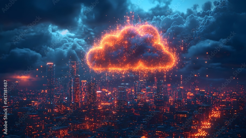 Glowing digital cloud explosion over a city skyline Glowing digital cloud explosion over a city skyline