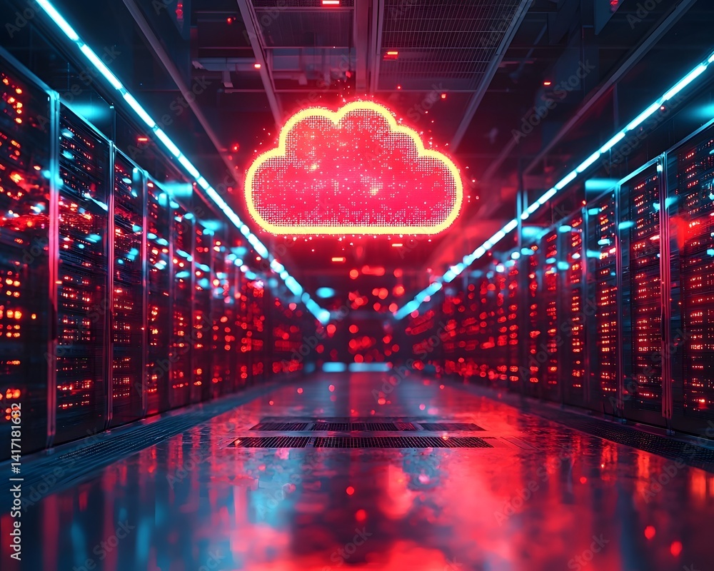 Futuristic server room with glowing cloud icon Futuristic server room with glowing cloud icon