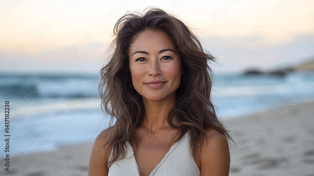 Serene Woman at the Beach Ocean Waves Sunset Serene Woman at the Beach Ocean Waves Sunset