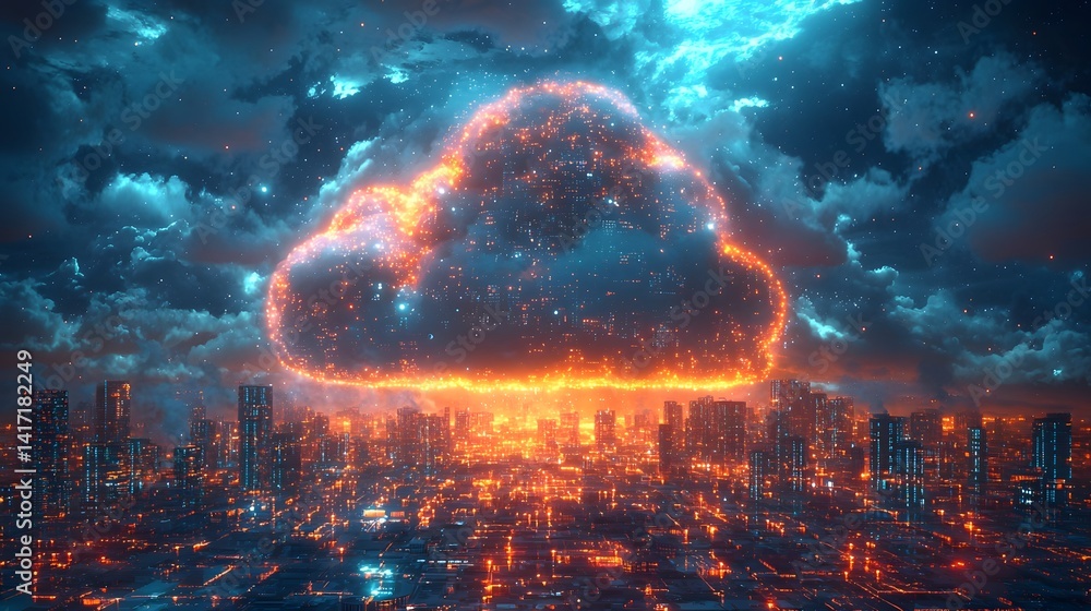 Futuristic smart city under a glowing data cloud Futuristic smart city under a glowing data cloud