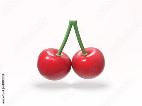 Cherry 3D Icon – Realistic Rendered Cherries with Stems, Isolated Vector Illustration