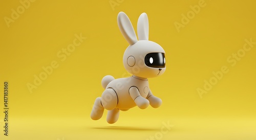White robot bunny rabbit illustration against yellow background cute animal futuristic design concept