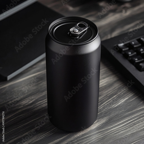 Wallpaper Mural Matte black aluminum can beside laptop keyboard minimal tech aesthetic Torontodigital.ca