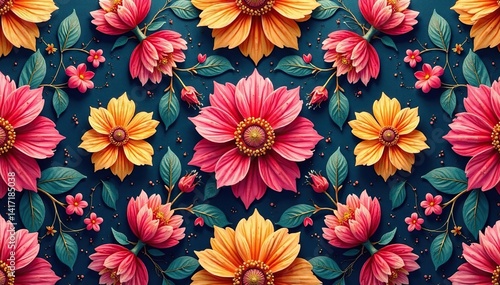 Intricate floral textile design, repeating seamlessly , vector, blossom