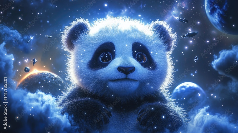 A cute panda bear cub looking up at the night sky, surrounded by fluffy clouds and distant planets. A cute panda bear cub looking up at the night sky, surrounded by fluffy clouds and distant planets.