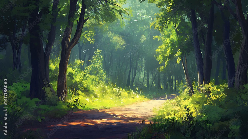 A quiet forest path surrounded by tall trees and soft sunlight A quiet forest path surrounded by tall trees and soft sunlight