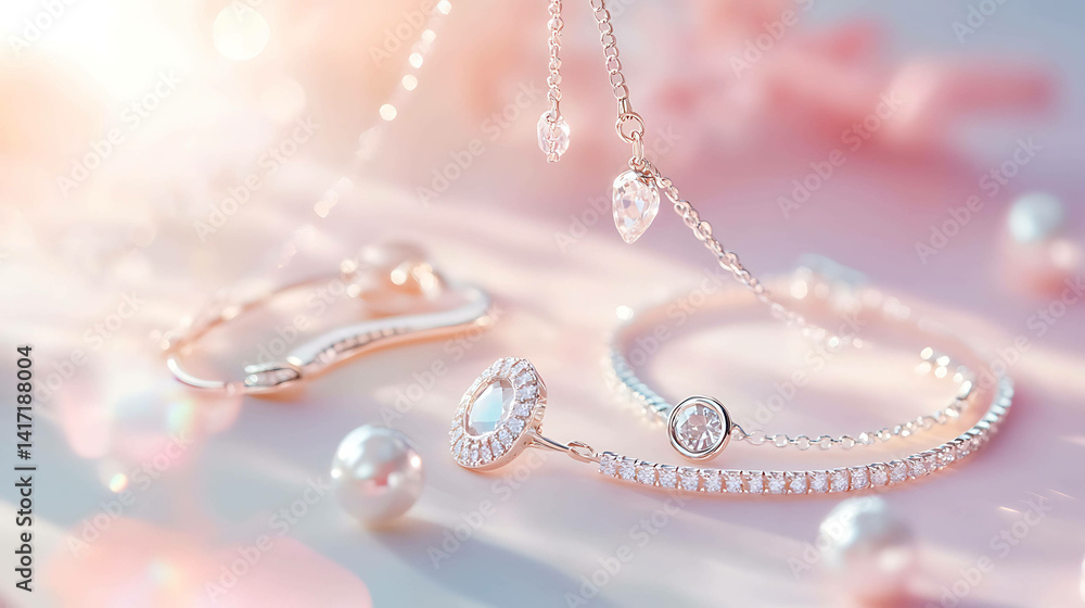 Delicate jewelry pieces arranged on a soft pastel-toned background Delicate jewelry pieces arranged on a soft pastel-toned background