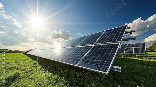 Stock photo of solar panels sitting on green grass with sun rays shining and a vivid blue sky