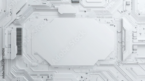 Abstract white technological circuit board background with central empty space.