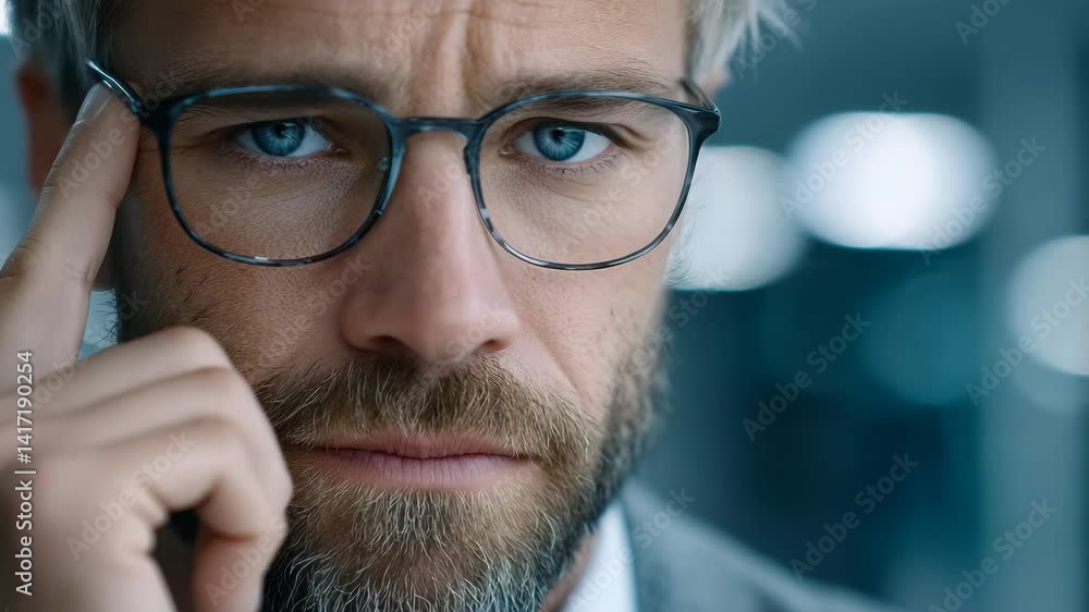 Close-up portrait of a man with blue eyes wearing glasses, looking intensely at the camera with neutral expression in a studio setting.