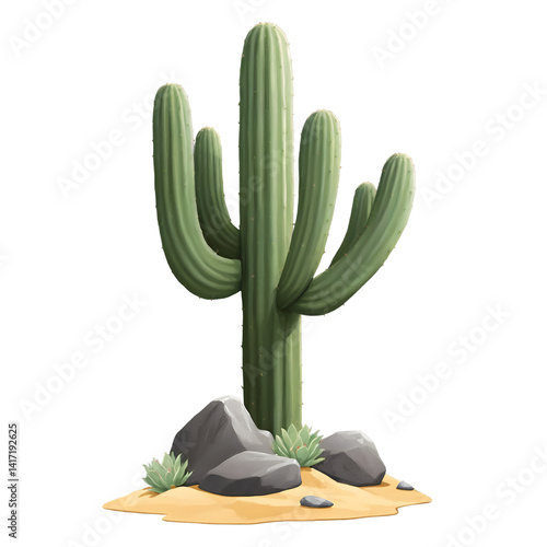 Cartoon saguaro cactus with rocks and sand on transparent background for desert theme, nature illustration, or southwestern design concepts
