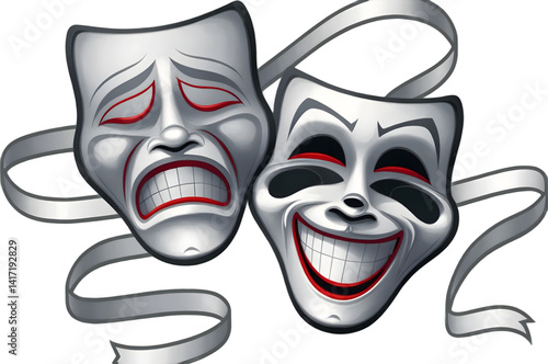 Classic theater comedy and tragedy masks with ribbons on transparent background for drama, performing arts, or entertainment design themes
