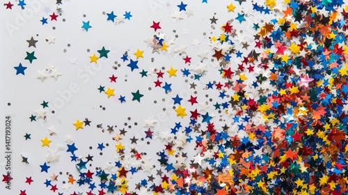 Rainbow confetti star explosion on minimalist white backdrop