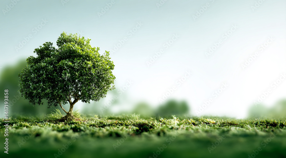 a small tree on blurred lush green grass under a bright sky, symbolizing nature and tranquility with copy space