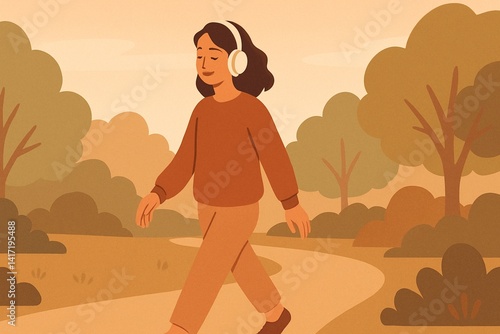 Young Woman Walking in Park with Headphones – Flat Vector Wellness Illustration