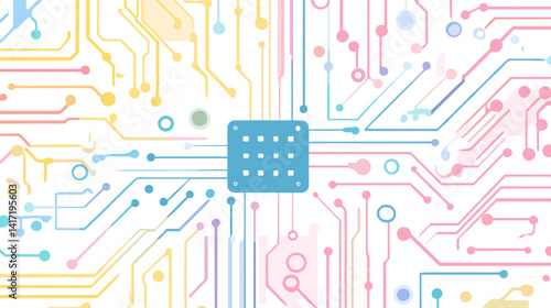 Abstract Pastel Circuit Board Background with Central Microchip