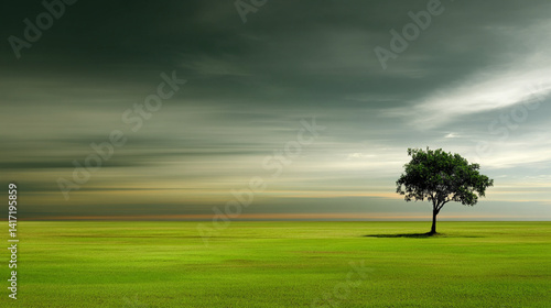 a solitary tree on blurred lush green grass under a bright sky, symbolizing nature and tranquility with copy space