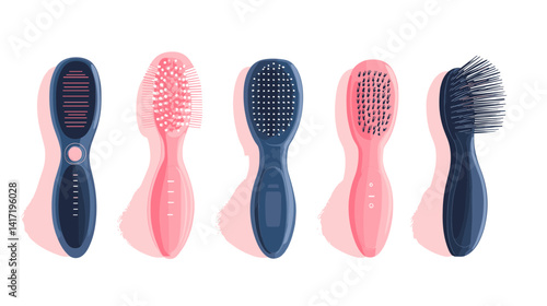 Assortment of Pink and Blue Hairbrushes on White Background