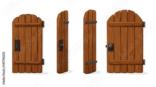 Collection of Brown Wooden Doors in Various Open and Closed Positions