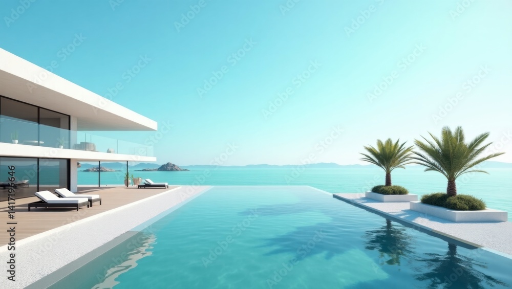 Fototapeta premium Modern house with a pool surrounded by lush landscape creating a vibrant and inviting outdoor living space