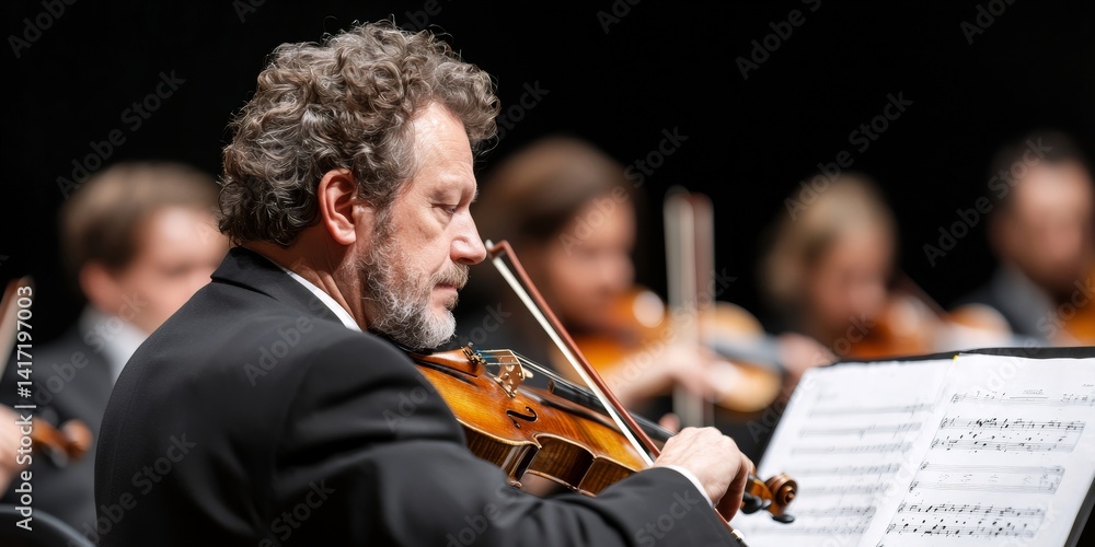 Fototapeta premium Classical musician plays violin in orchestra during symphony concert performance. Professional violinist reading music sheet. Entertainment and culture art concept