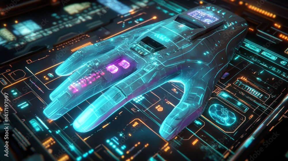 Naklejka premium Futuristic glove on circuit board, tech background