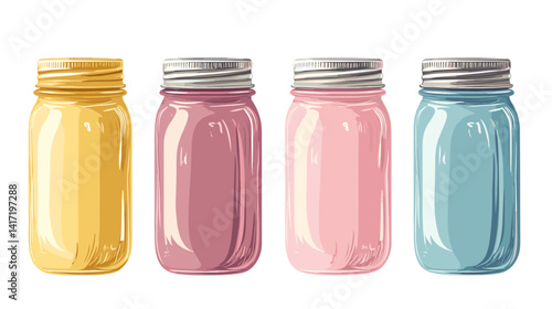 Four Pastel Colored Mason Jars on White Background