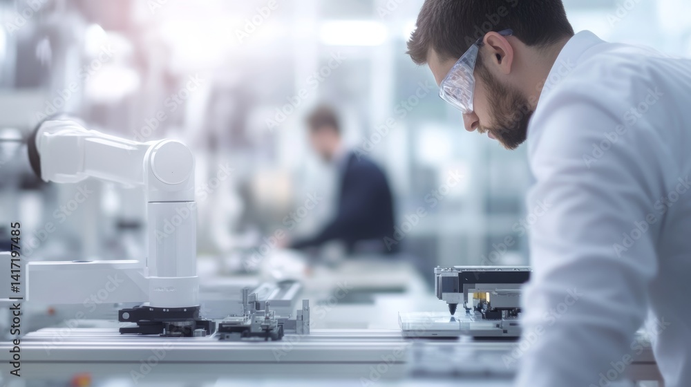 Engineer with robotic arm working in a high tech factory automation and precision assembly in a modern production line with blurred background Engineer with robotic arm working in a high tech factory automation and precision assembly in a modern production line with blurred background