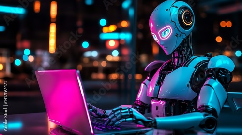 Futuristic robot working on laptop with neon background: artificial intelligence in the digital age for technology innovation and automation projects 