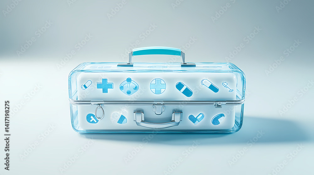 Fototapeta premium Medical Essentials Kit: A sleek, transparent medical kit, filled with essential health symbols, embodies care and preparedness. The medical kit signifies health and well-being.