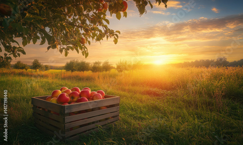 Sunset over apple orchard with wooden crate filled with fresh apples, golden hour light illuminating lush green grass and distant trees.
