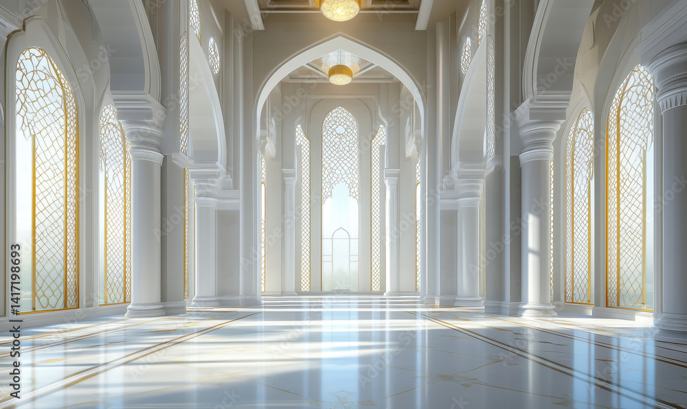 Elegant white marble hall with intricate arches and golden accents, featuring large windows and soft natural light. Elegant white marble hall with intricate arches and golden accents, featuring large windows and soft natural light.