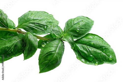 Fresh basil leaves glistening with water droplets isolated on white  background