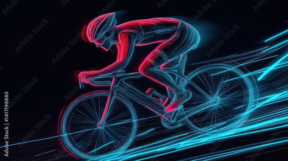 Fototapeta premium Cyclist racing, neon trails, night, speed