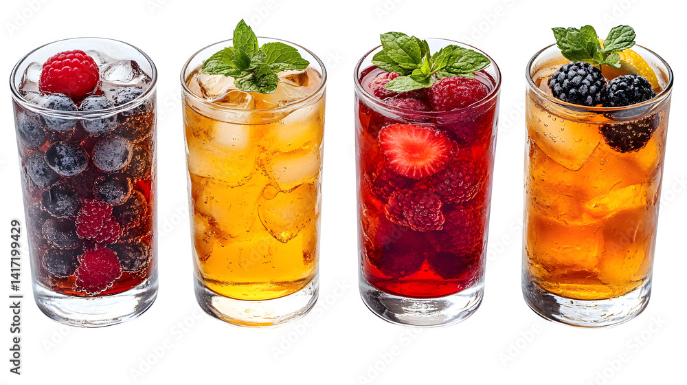 Four glasses containing various fruit and iced teas isolated on white background Four glasses containing various fruit and iced teas isolated on white background