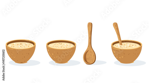 Oatmeal Preparation Steps: Wooden Spoon and Brown Bowls Pixel Art Illustration