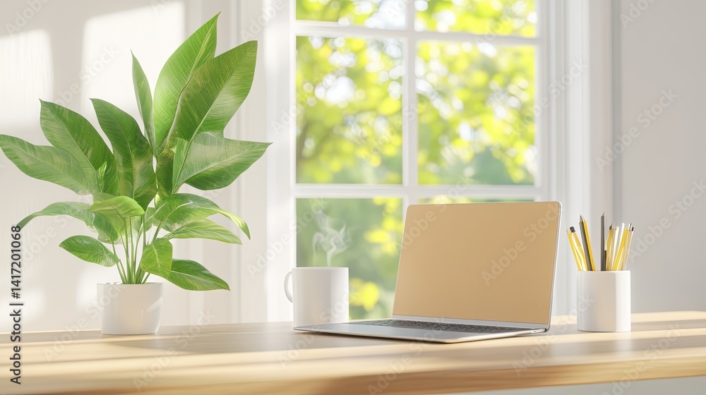 Modern office desk scene with closed laptop and coffee bright natural light relaxed environment Modern office desk scene with closed laptop and coffee bright natural light relaxed environment