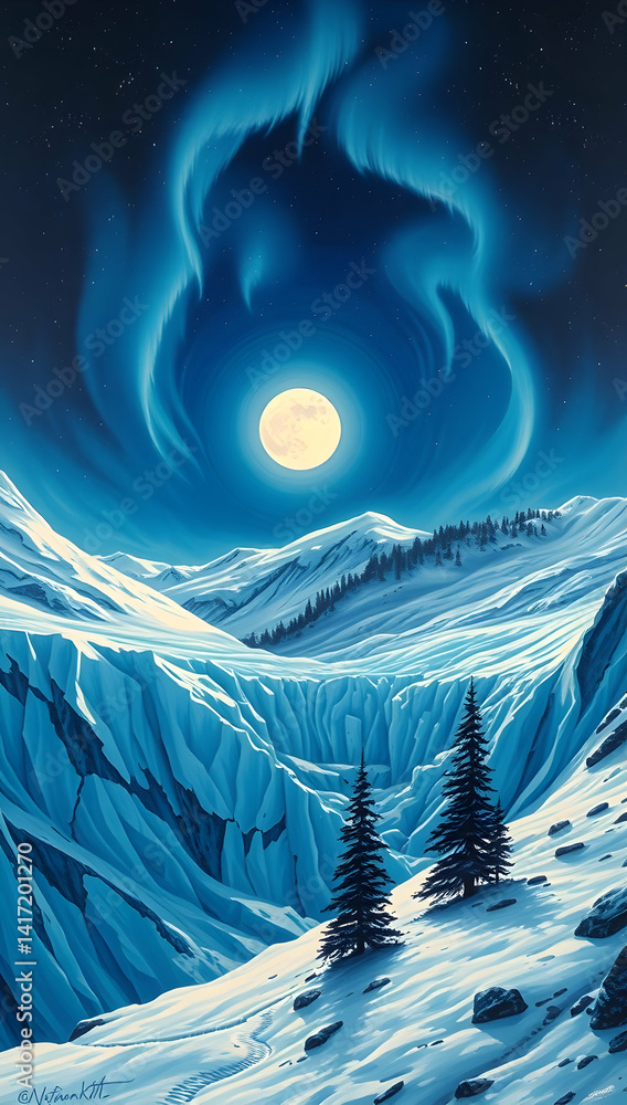Obraz premium Cosmic glacier scene with auroras, glowing ice, and pine silhouettes inspires mystery. 