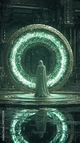 Mysterious figure standing before an illuminated portal reflecting in water, science fiction artwork