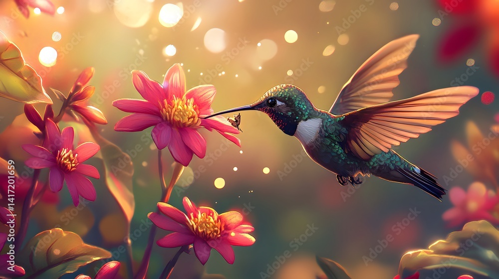 Fototapeta premium A hummingbird drinking nectar from vibrant flowers